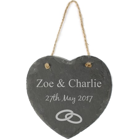 Personalised Hanging Slate Heart - 15cm - Wedding Rings Motif