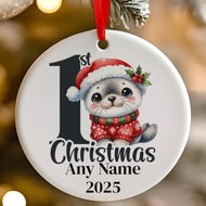Personalised 1st Christmas Black Seal Ceramic Hanging Tree Decoration - 7cm