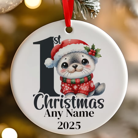 Personalised 1st Christmas Black Seal Ceramic Hanging Tree Decoration - 7cm