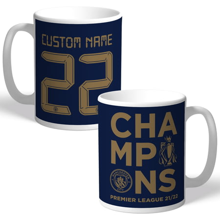 Personalised Manchester City FC Premier League Champions 2022 Back Of Shirt Dark Mug