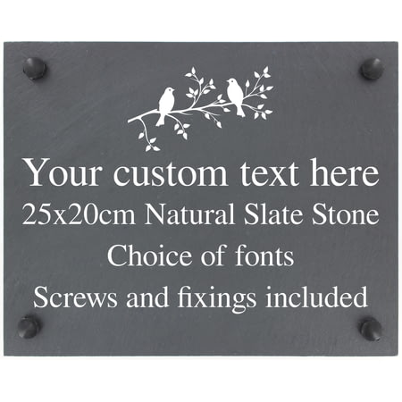 Personalised Birds On Branch Motif Slate Plaque/Sign With Wall Fixings - 25x20cm - Garden, Shed, Hou