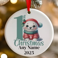 Personalised 1st Christmas Blue Seal Ceramic Hanging Tree Decoration - 7cm