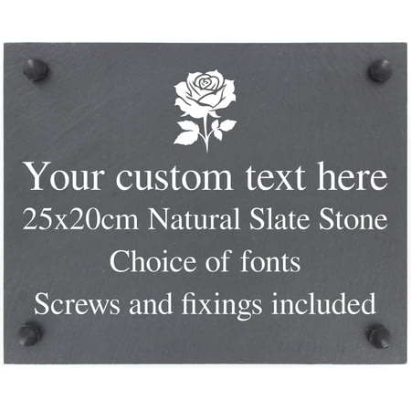 Personalised Rose Motif Slate Plaque/Sign With Wall Fixings - 25x20cm - Garden, Shed, House Sign