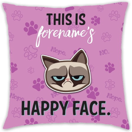 Personalised Grumpy Cat Emoji - Happy Face Cushion Pink - 45x45cm