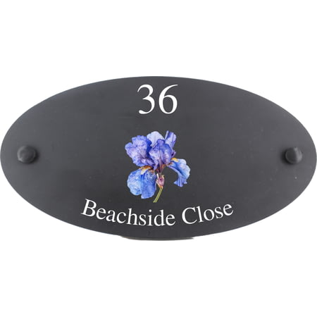Personalised Iris Flower Motif Oval Slate House Sign Plaque 25x13cm