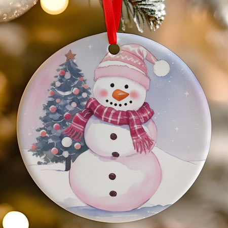 Pink Snowman Ceramic Christmas Tree Decoration - 7cm