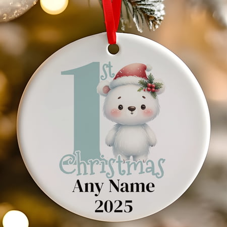 Personalised 1st Christmas Blue Polar Bear Ceramic Hanging Tree Decoration - 7cm