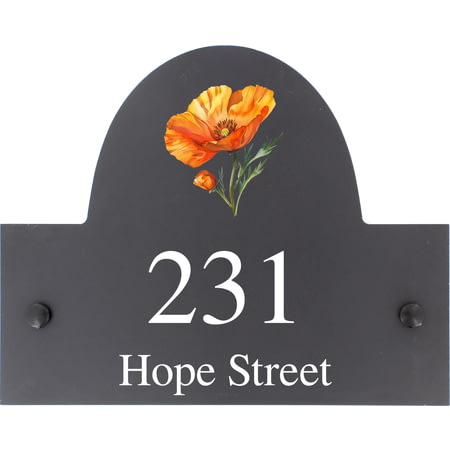Personalised California Poppy Flower Motif Slate House Name or Number Plaque/Sign - 25x20cm