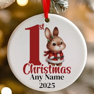Personalised 1st Christmas Red Bunny Rabbit Ceramic Hanging Tree Decoration - 7cm