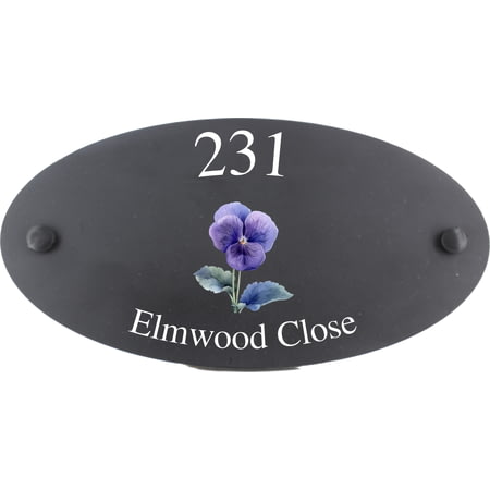 Personalised Pansy Flower Motif Oval Slate House Sign Plaque 25x13cm
