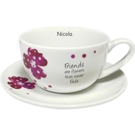 Personalised Pink Pansies Friends Sentiments Tea Cup & Saucer