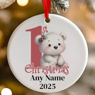 Personalised 1st Christmas Red Polar Bear Ceramic Hanging Tree Decoration - 7cm