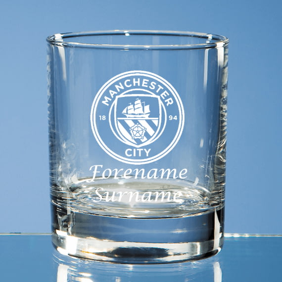 Personalised Manchester City FC Crest Whisky Glass from Go Find A Gift