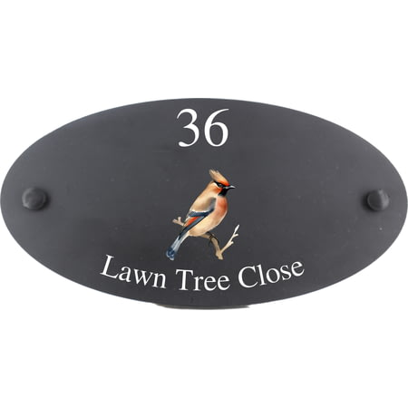 Personalised Bohemian Waxwing Bird Motif Oval Slate House Sign Plaque 25x13cm