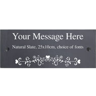 Personalised Heart Swirl Motif Natural Slate Sign Garden Plaque With Wall Fixings - 25x10cm