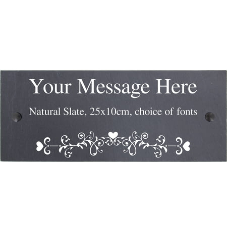 Personalised Heart Swirl Motif Natural Slate Sign Garden Plaque With Wall Fixings - 25x10cm