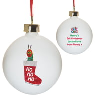 Personalised Very Hungry Caterpillar Red Stocking Ceramic Christmas Tree Bauble