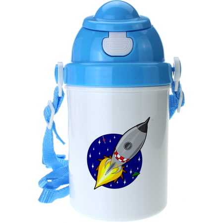 Personalised Rocket Boys Blue Plastic Drinking Bottle With Popup Lid and Straw