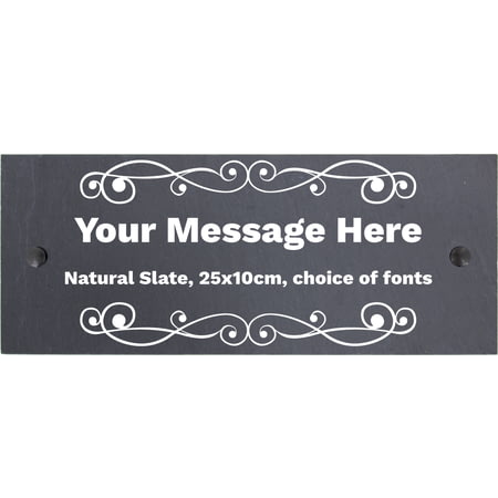 Personalised Elegant Swirl Motif Natural Slate Sign Garden Plaque With Wall Fixings - 25x10cm