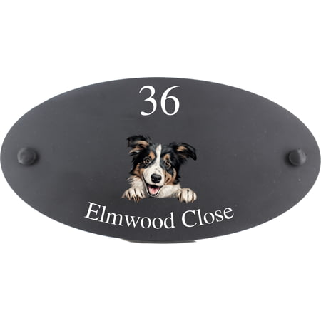 Personalised Collie Dog Motif Oval Slate House Sign Plaque 25x13cm