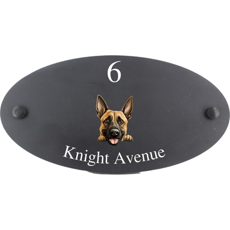 Personalised Belgian Malinois Dog Motif Oval Slate House Sign Plaque 25x13cm