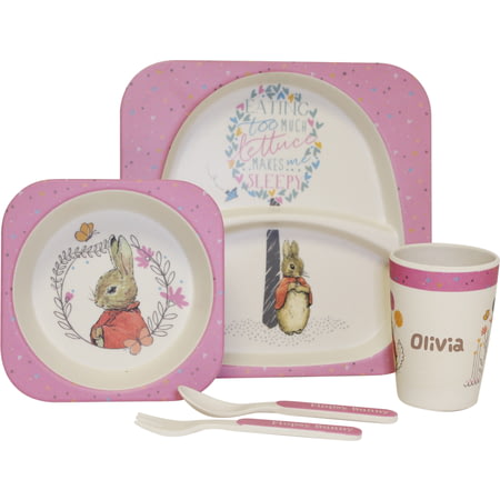 Personalised Beatrix Potter Flopsy Bunny Pink Bamboo Breakfast Set