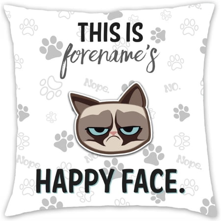Personalised Grumpy Cat Emoji - Happy Face Cushion Grey - 45x45cm