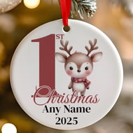 Personalised 1st Christmas Red Reindeer Ceramic Hanging Tree Decoration - 7cm