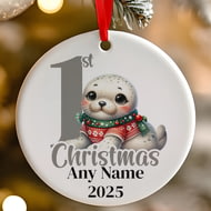 Personalised 1st Christmas Seal Ceramic Hanging Tree Decoration - 7cm