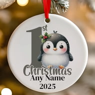 Personalised 1st Christmas Grey Penguin Ceramic Hanging Tree Decoration - 7cm