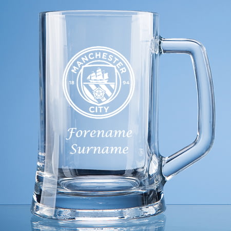 Personalised Manchester City FC Personalised Crest Stern Glass Pint Tankard
