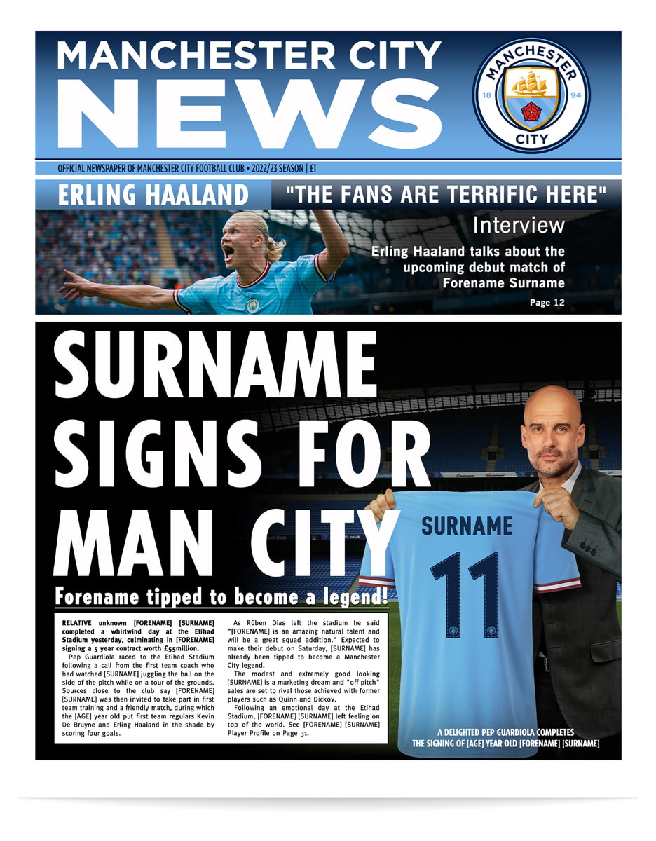 Personalised Manchester City FC Spoof Newspaper Single Page Print from