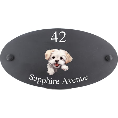 Personalised Maltese Dog Motif Oval Slate House Sign Plaque 25x13cm