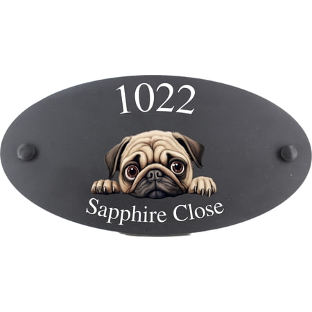 Personalised Pug Dog Motif Oval Slate House Sign Plaque 25x13cm