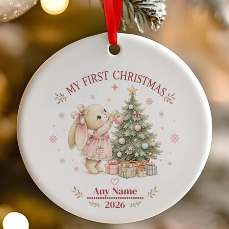 Personalised 1st Christmas Bunny Ceramic Hanging Tree Decoration - 7cm