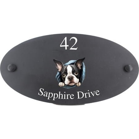 Personalised Boston Terrier Dog Motif Oval Slate House Sign Plaque 25x13cm