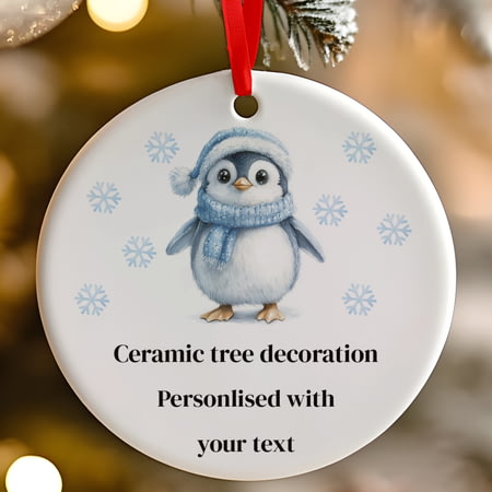 Personalised Blue Christmas Cute Penguin Ceramic Hanging Tree Decoration - 7cm