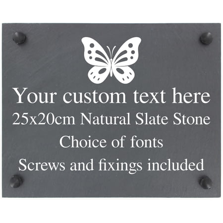 Personalised Butterfly Motif Slate Plaque/Sign With Wall Fixings - 25x20cm - Garden, Shed, House
