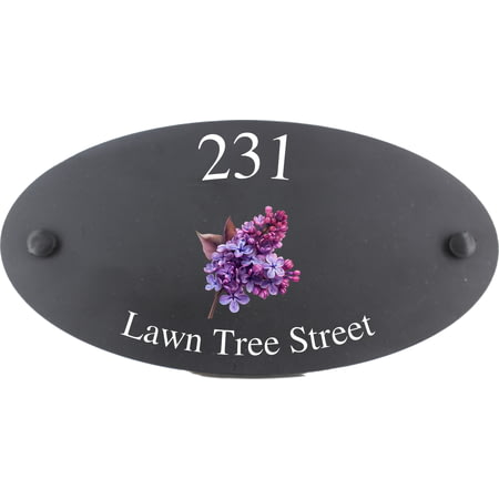 Personalised Lilac Flower Motif Oval Slate House Sign Plaque 25x13cm