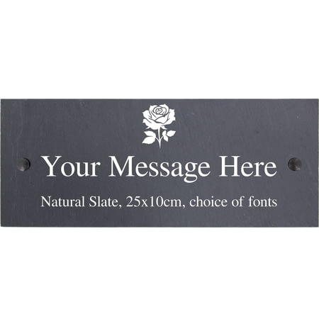 Personalised Rose Motif Natural Slate Sign Garden Plaque With Wall Fixings - 25x10cm