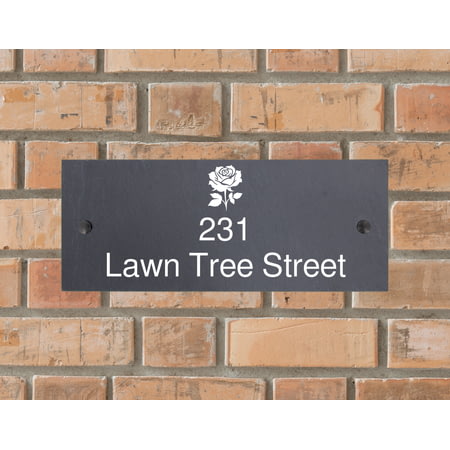 Personalised Rose Motif Natural Slate Sign Garden Plaque With Wall Fixings - 25x10cm