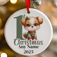 Personalised 1st Christmas Green Puppy Dog Ceramic Hanging Tree Decoration - 7cm