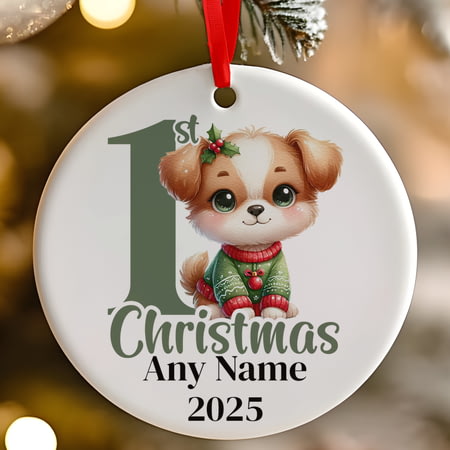 Personalised 1st Christmas Green Puppy Dog Ceramic Hanging Tree Decoration - 7cm