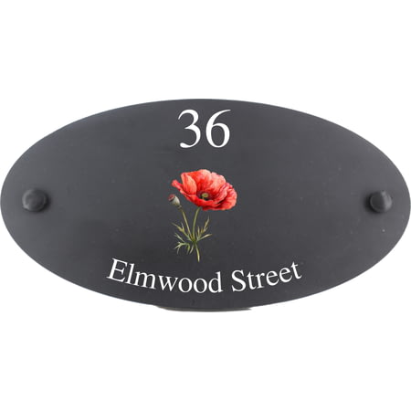 Personalised Poppy Flower Motif Oval Slate House Sign Plaque 25x13cm