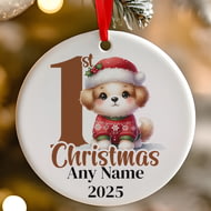 Personalised 1st Christmas Brown Puppy Dog Ceramic Hanging Tree Decoration - 7cm