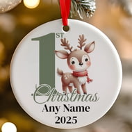Personalised 1st Christmas Green Reindeer Ceramic Hanging Tree Decoration - 7cm
