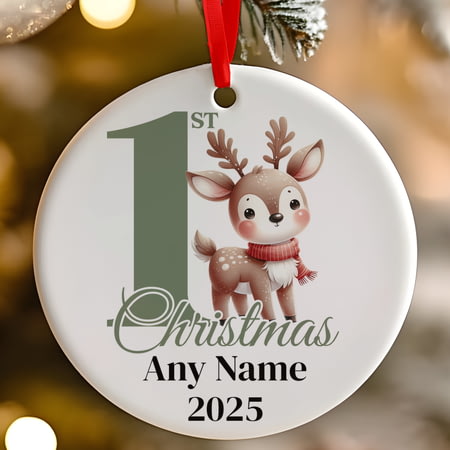 Personalised 1st Christmas Green Reindeer Ceramic Hanging Tree Decoration - 7cm