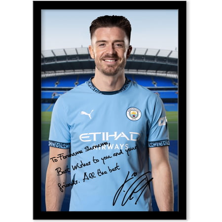 Personalised Manchester City FC Jack Grealish Autograph A4 Framed Player Photo