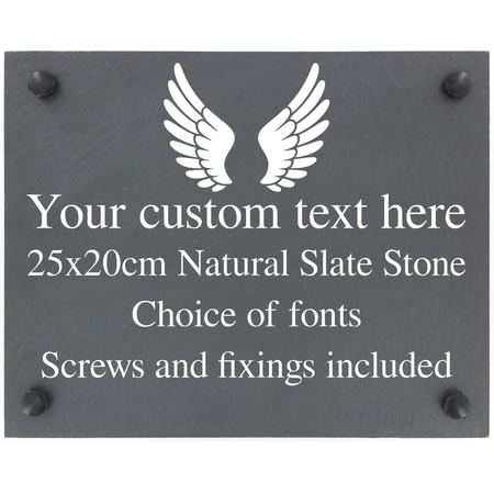 Personalised Angel Wings Slate Plaque/Sign With Wall Fixings - 25x20cm - Garden, Shed, Memorial Sign