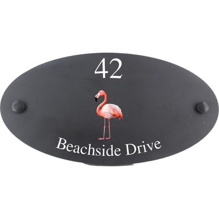 Personalised Flamingo Bird Motif Oval Slate House Sign Plaque 25x13cm